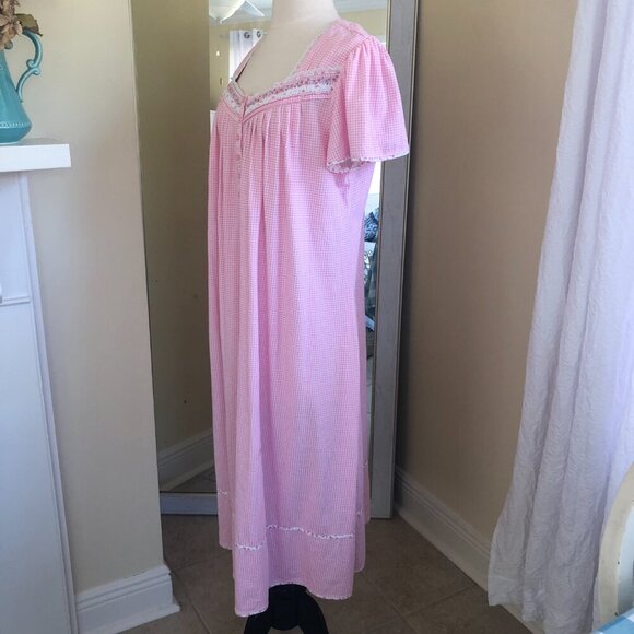 Aria Short Nightgown Pink Gingham Lace Large Cotton Blend Cottagecore - Picture 3 of 10